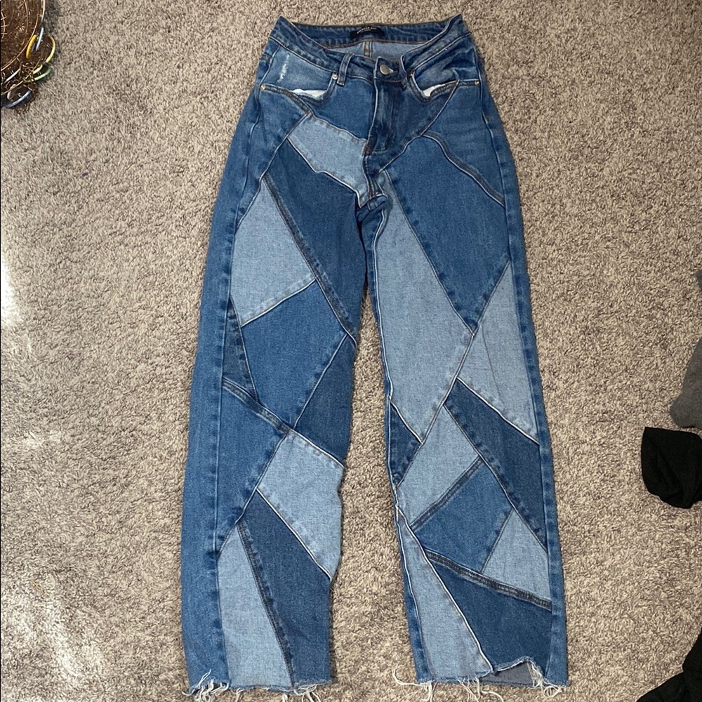 American Bazi Blue Flare Jeans with Artistic Patchwork